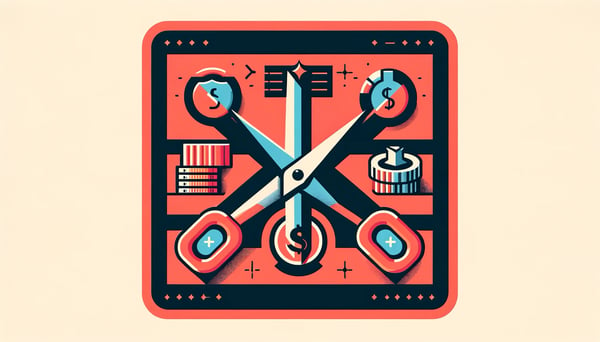 DALL·E 2024-01-25 14.45.27 - An infographic style image illustrating Cutting Costs, Not Corners featuring icons of scissors, a coin, and a sturdy product, all on a light red bac